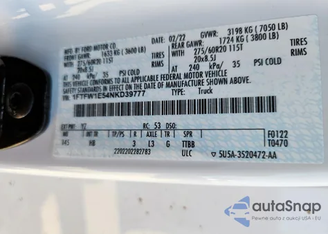 2022 Ford F150 Supercrew из США, поврежденный, VIN 1FTFW1E54NKD39777